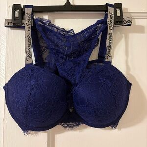 Victoria's Secret Blue Lace Bra with Rhinestone Straps and Bikini Lace Panty